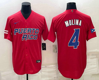 Mens Puerto Rico Baseball #4 Yadier Molina 2023 Red World Baseball Classic Stitched Jerseys